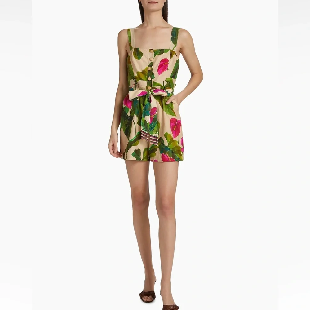 FARM Rio Beige Romper with Green Leaf & Pink Floral Print - Picture 2 of 16